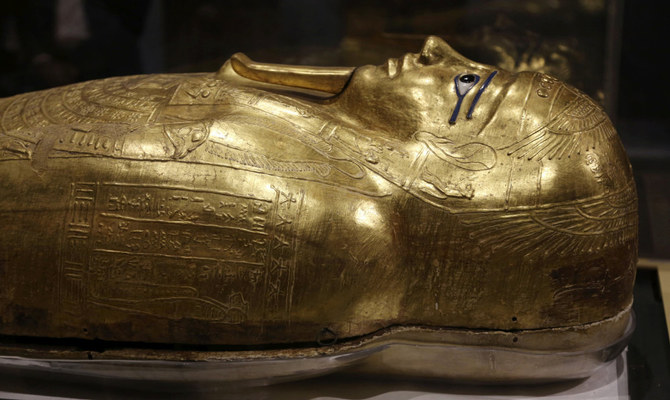 The golden coffin that once held the mummy of Nedjemankh, a priest in the Ptolemaic Period some 2,000 years ago, is displayed at the National Museum of Egyptian Civilization, in Old Cairo, Egypt. (AP)