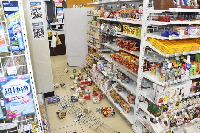 Products are scattered at a convenience store in Fukushima, northern Japan, Wednesday, March 16, 2022, following an earthquake. (AP Photo)