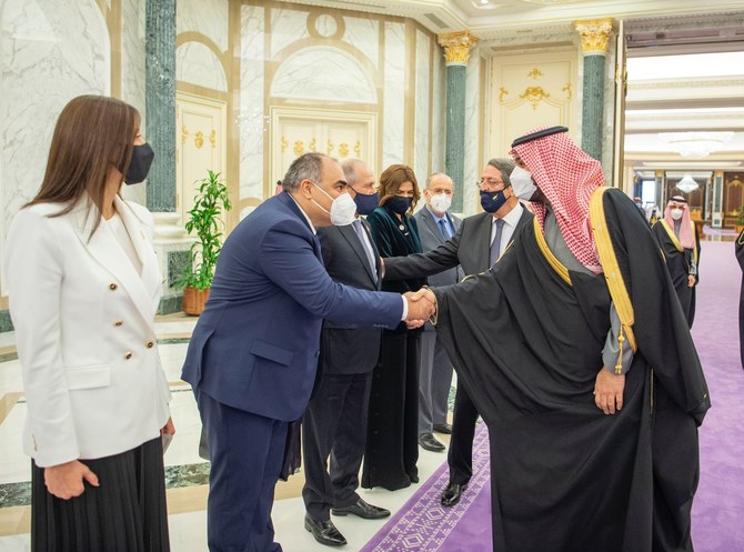 Saudi Arabia’s Crown Prince Mohammed bin Salman hosts the President of Cyprus Nicos Anastasiades at the Al-Yamamah Palace in Riyadh on Tuesday. (SPA)