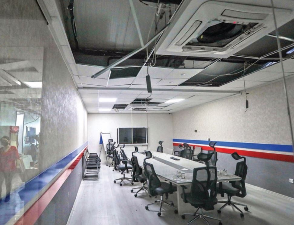 A view of a damaged conference room at the Kurdistan 24 TV building after Sunday’s attack in Irbil, the capital of the northern Iraqi Kurdish autonomous region. (AFP)