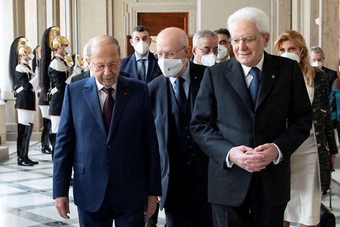 Italian President Sergio Mattarella meets with Lebanese President Michel Aoun in Rome, March 22, 2022. (Reuters)