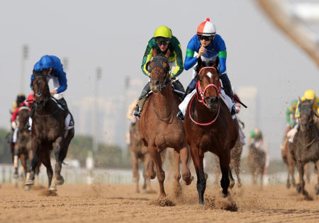 Bathrat Leon, ridden by Ryusei Sakai, in action on their way to winning the Godolphin Mile. (Reuters)