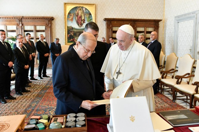 After the audience with the Pope, Aoun and his delegation had a meeting with the Vatican Secretary of State Cardinal Pietro Parolin, and the Vatican’s Foreign Minister Monsignor Jean Paul Gallagher. (AFP)