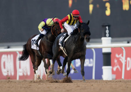 Crown Pride, ridden by Damian Lane, in action on their way to winning the UAE Derby. (Reuters)