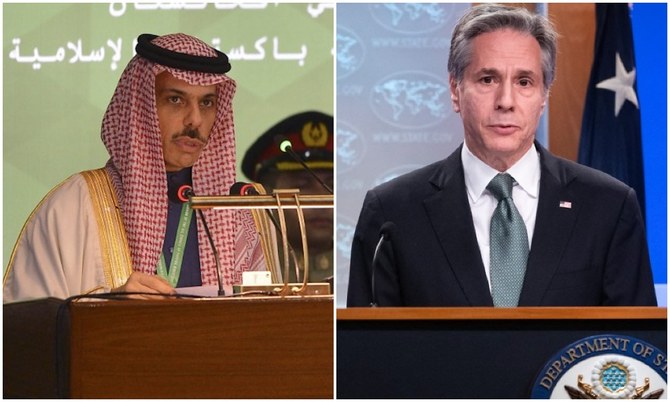 Saudi Arabia’s Foreign Minister Prince Faisal bin Farhan and US Secretary of State Antony Blinken. (File/AFP)