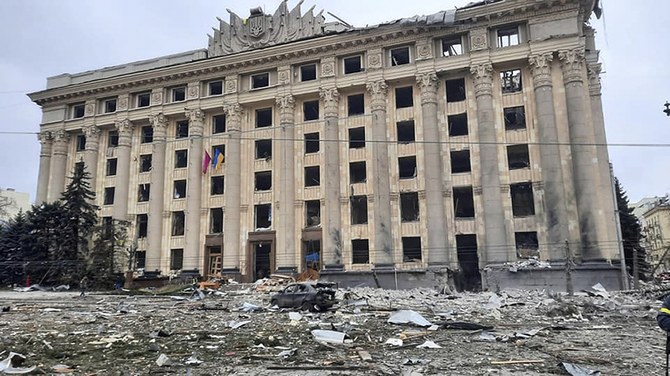 This photo released by Ukrainian Emergency Service shows a view of the damaged City Hall building in Kharkiv, Ukraine, Tuesday, March 1, 2022. (AP)