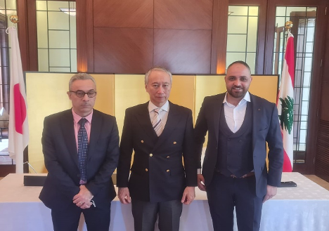 Japan’s Ambassador to Lebanon Takeshi Okubo (L) Executive Manager of Al Shifaa for Medical and Humanitarian Services Association Majdi Krayem (R). (Supplied)