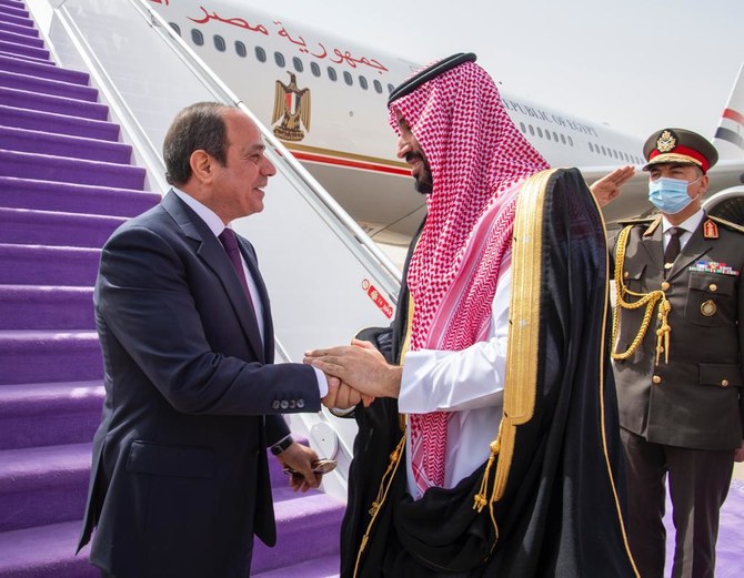 Saudi Arabia’s Crown Prince Mohammed bin Salman welcomes Egyptian President Abdel Fattah El-Sisi to the Kingdom on Tuesday. (SPA)