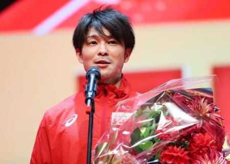 Japanese gymnast Kohei Uchimura attends his farewell event to celebrate the end of his career in Tokyo on March 12, 2022. (Photo by JIJI PRESS / AFP)