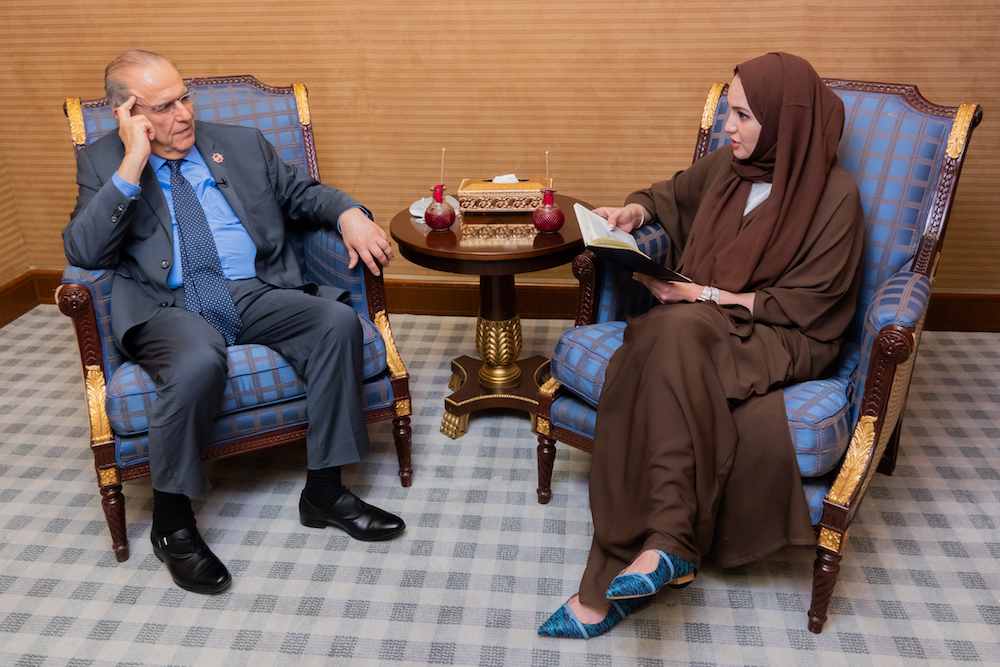 Foreign Minister Ioannis Kasoulides speaking to Arab News assistant editor-in-chief Noor Nugali in Riyadh on Tuesday. (AN Photo/Huda Bashatah)