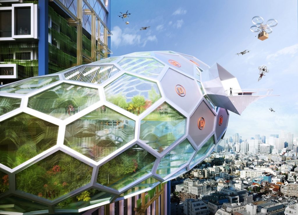 Shibuya hyper cast futuristic vision by NOIZ architects (Aerial view)