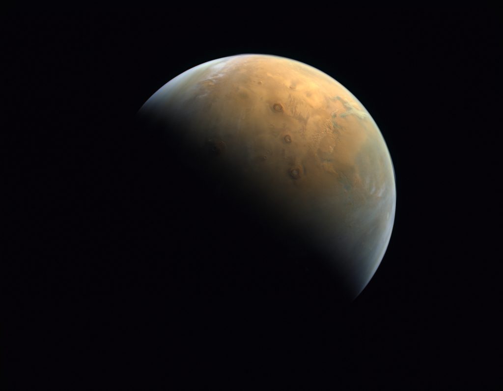 A handout picture provided on February 14, 2021 by the United Arab Emirates Space Agency (UAESA) taken by the Emirates eXploration Imager (EXI). (AFP)