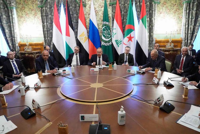 Russian Foreign Minister Sergei Lavrov speaks during his talks with representatives of the Arab League states in Moscow on April 4, 2022. (AFP)