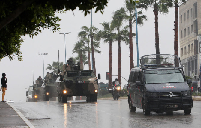 Military vehicles patrol the streets of Casablanca in Morocco, where police arrested four people suspected of involvement in a drug and organ trafficking network operating between Morocco and Turkey. (AP)