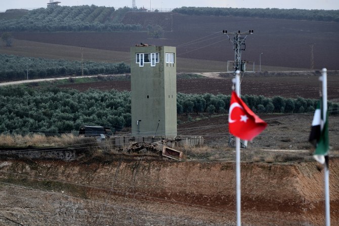 A Turkish military position is pictured near the Syrian border, west of the village of Jindayris, in the countryside of Afrin. (File/AFP)