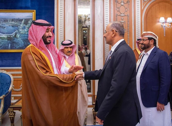 Saudi Arabia’s Crown Prince Mohammed bin Salman meets members of Yemen’s new presidential leadership council. (Twitter: @Spa_Eng)