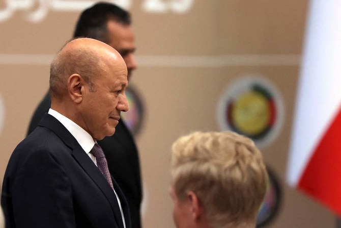 Rashad Al-Alimi, President of Yemen’s new leadership council, attends the last day of a conference hosted by the Gulf Cooperation Council in Saudi Arabia’s capital Riyadh on April 7, 2022. (AFP)