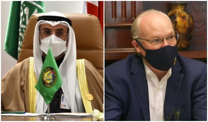 GCC's Dr. Al-Hajraf (L) met with UN Resident and Humanitarian Coordinator for Yemen David Gressly and the US Special Envoy for Yemen Tim Lenderking (R). (AFP/File Photos)