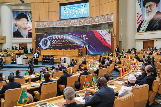 Iranian President Ebrahim Raisi speaks at an event during the 