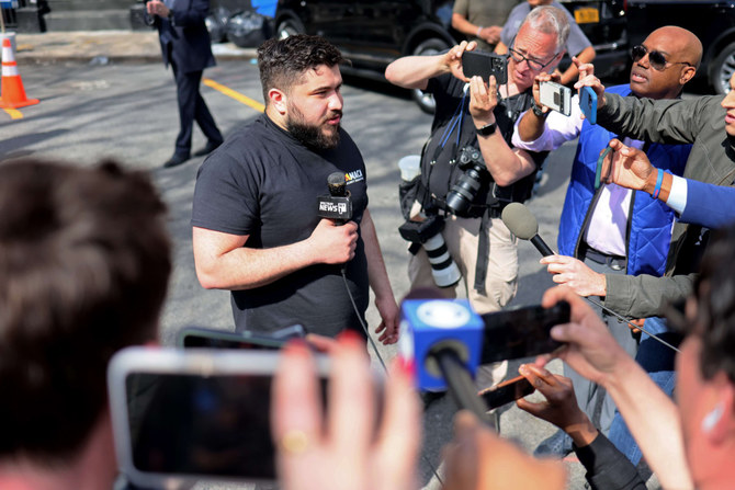 Zack Tahhan gives an interview after leaving the 9th Precinct to positively identify Frank James as the gunman in the Brooklyn subway shooting on April 13, 2022 in New York City. (Michael M. Santiago/Getty Images/AFP)