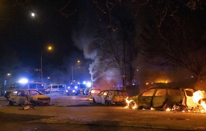 Riots broke out following far-right politician Rasmus Paludan's meetings and planned Qur’an burnings in Malmo, Sweden on April 17, 2022. (AP)