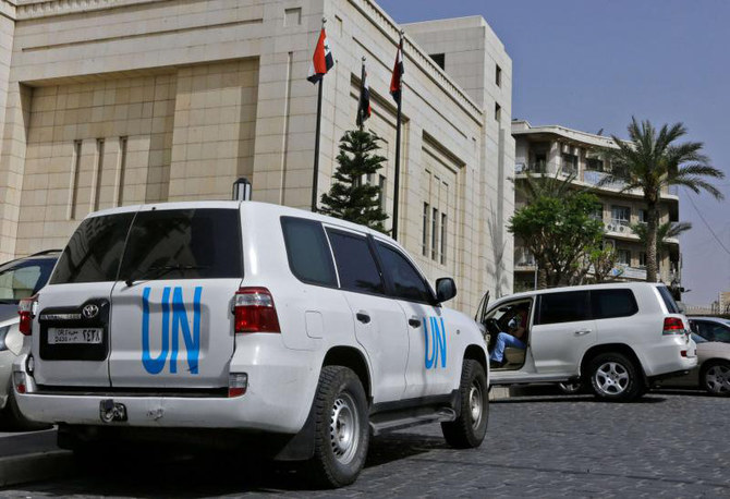 A United Nations vehicle during the visit by international experts from the Organization for the Prohibition of Chemical Weapons (OPCW) to Damascus. (AFP/File)