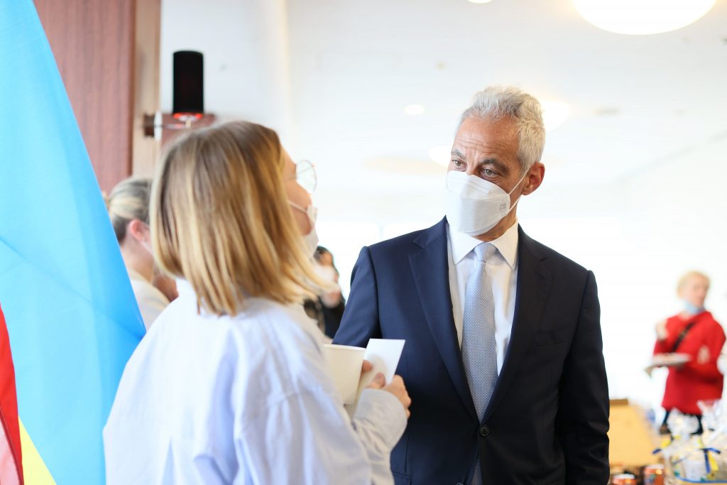 US Ambassador to Japan Rahm Emanuel met Ukrainian evacuees in Japan on Thursday in Tokyo. (Via US Embassy Tokyo)
