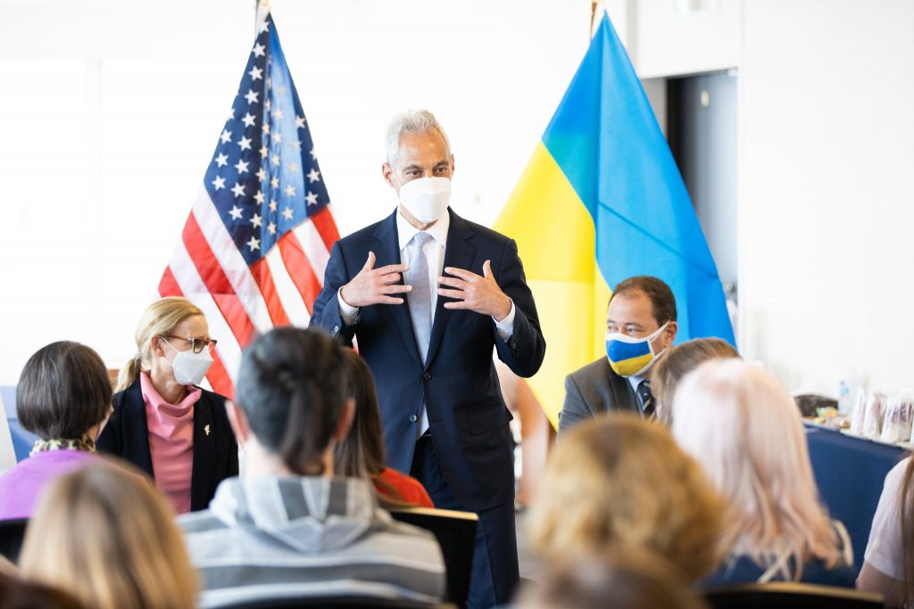 US Ambassador to Japan Rahm Emanuel met Ukrainian evacuees in Japan on Thursday in Tokyo. (Via US Embassy Tokyo)