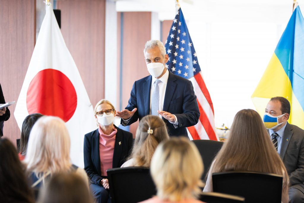 US Ambassador to Japan Rahm Emanuel met Ukrainian evacuees in Japan on Thursday in Tokyo. (Via US Embassy Tokyo)