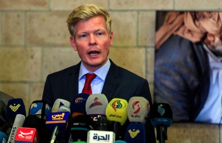 UN special envoy Hans Grundberg gives a press conference at Sanaa's international airport before his departure from the Yemeni capital, on April 13, 2022. (AFP)