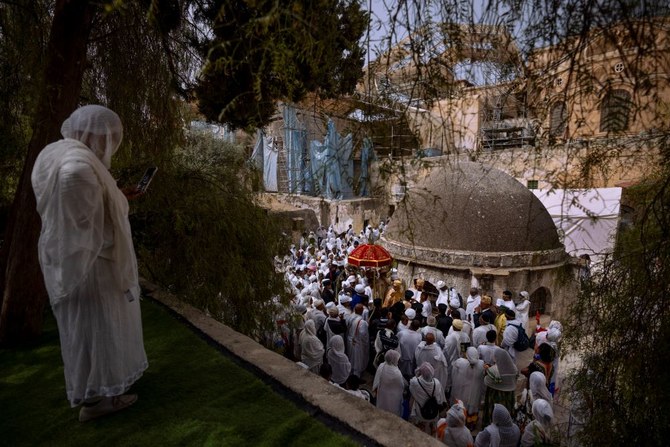 Ethiopian Orthodox Christians gather for Palm Sunday at the Ethiopian monks’ village Deir Al-Sultan, located on the roof of the Church of the Holy Sepulchre, Jerusalem, Apr. 17, 2022. (AP)