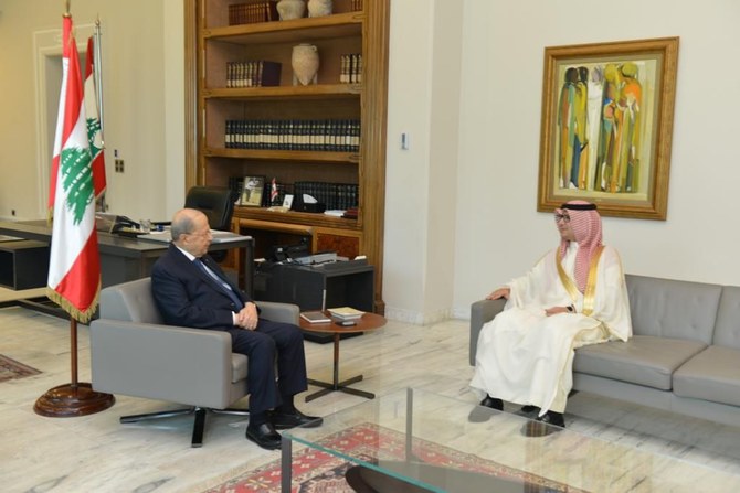 Lebanon’s President Michel Aoun receives Saudi Arabia’s Ambassador to Beirut Walid Bukhari at the Baabda Palace on Wednesday. (SPA)