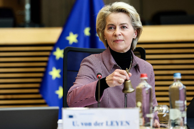 European Commission President Ursula von der Leyen starts Commission's weekly College Meeting in Brussels on March 30, 2022. Europe is concerned that Beijing is dividing to undermine the continent’s collective interests. (AFP/Pool)