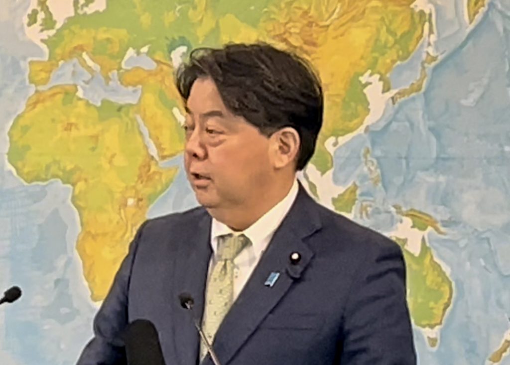 Foreign Minister Yoshimasa Hayashi is seen replying to a question at a press conference in the foreign ministry in Tokyo. (ANJP Photo)