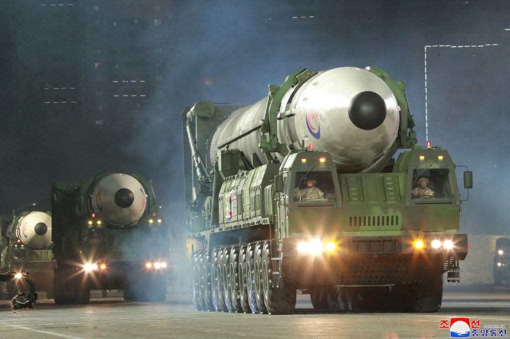 This file picture taken on April 25, 2022 and released from North Korea's official Korean Central News Agency (KCNA) on April 26 shows Hwasong-17 intercontinental ballistic missiles (ICBM) during a military parade. (AFP)