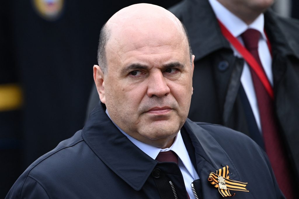 Russian Prime Minister Mikhail Mishustin arrives to watch the Victory Day military parade at Red Square in central Moscow on May 9, 2022. Russia celebrates the 77th anniversary of the victory over Nazi Germany during World War II. (AFP)