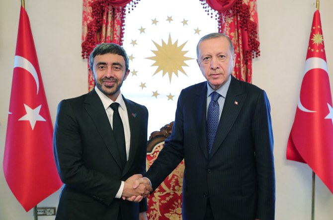 Turkey’s President Recep Tayyip Erdogan with Sheikh Abdullah bin Zayed, the UAE’s minister of foreign affairs and international cooperation, in Istanbul. (WAM)