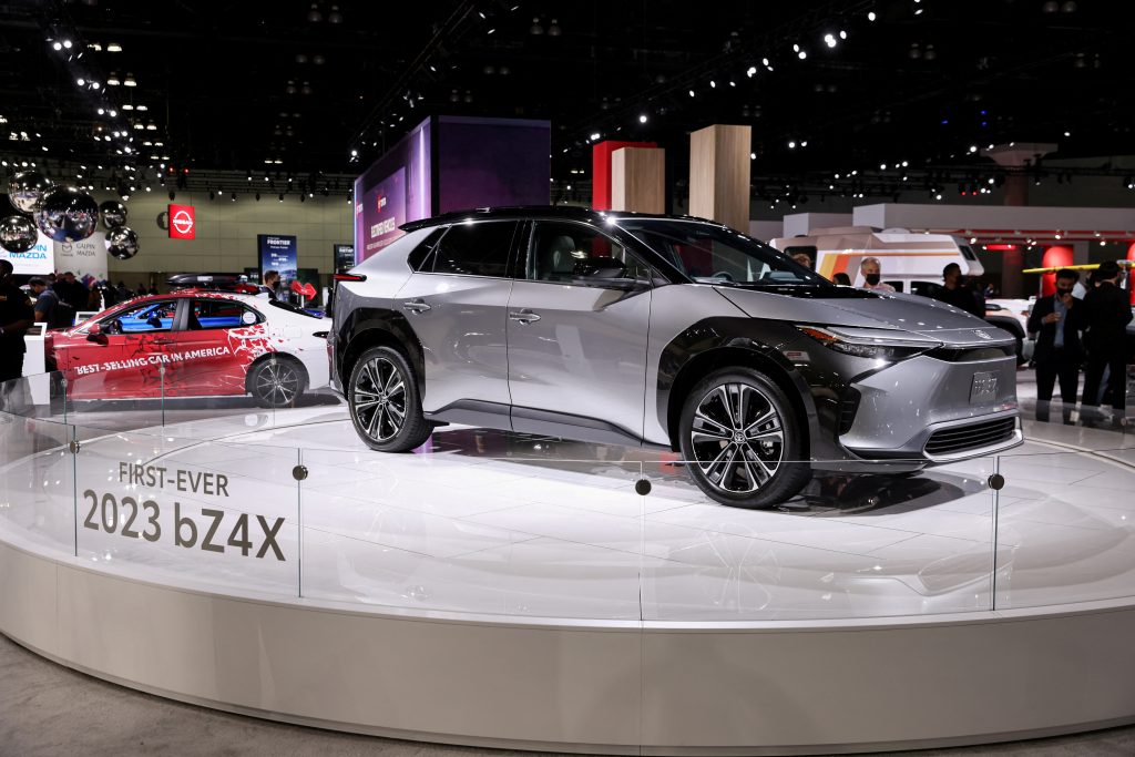 A 2023 Toyota bZ4X all-electric SUV is displayed during the 2021 LA Auto Show in Los Angeles, California, U.S. November, 17, 2021. (Reuters)