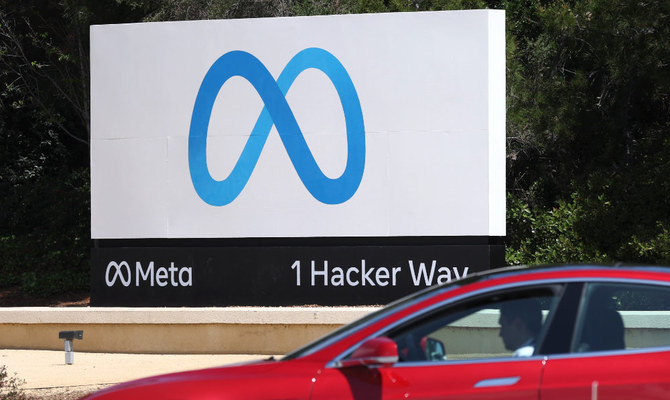 A sign is posted in front of Meta headquarters on April 28, 2022 in Menlo Park, California. (AFP)