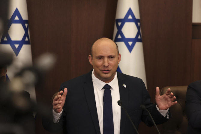 Israeli Prime Minister Naftali Bennett speaks during a weekly cabinet meeting in Jerusalem on Sunday, May 1, 2022. (AP, File)
