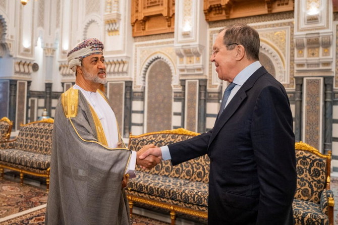 Oman’s Sultan Haitham bin Tariq meets with Russian Foreign Minister Sergei Lavrov in Muscat, Oman, May 11, 2022. (Reuters)