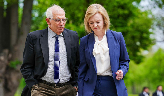 EU foreign policy chief Joseph Borrell with British Foreign Secretary Elizabeth Truss during G7 foreign ministers’ summit in Weissenhaeuser Strand, Germany. (Reuters)