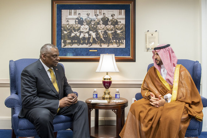 Prince Khalid bin Salman, Saudi deputy minister of defense, meets with US Defense Secretary Lloyd Austin. (Twitter)