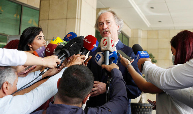 United Nations Special Envoy for Syria Geir Pedersen talks to reporters in the Syrian capital Damascus, on May 22, 2022. (AFP)