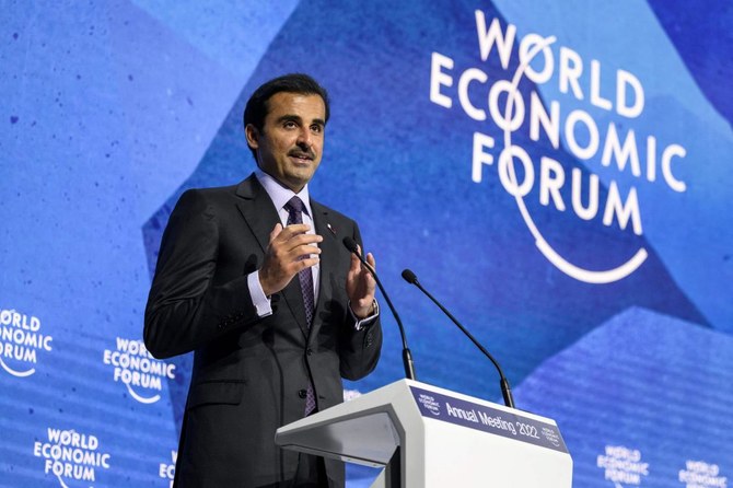 Emir of Qatar Sheikh Tamim bin Hamad Al-Thani delivers a speech during the World Economic Forum (WEF) annual meeting in Davos on May 23, 2022. (AFP)