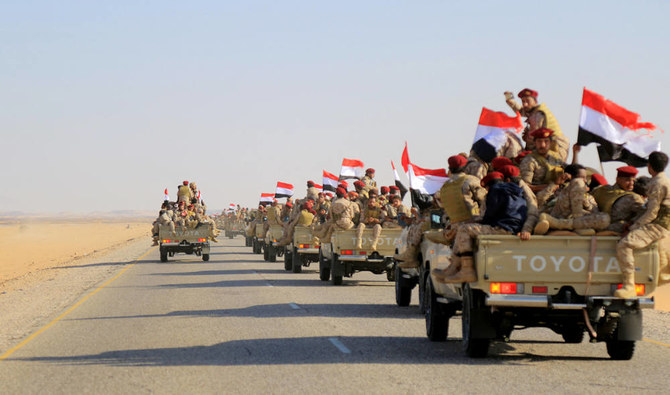Yemeni army reinforcements arrive to join fighters loyal to Yemen's government on the southern front of Marib on November 16, 2021. (AFP)