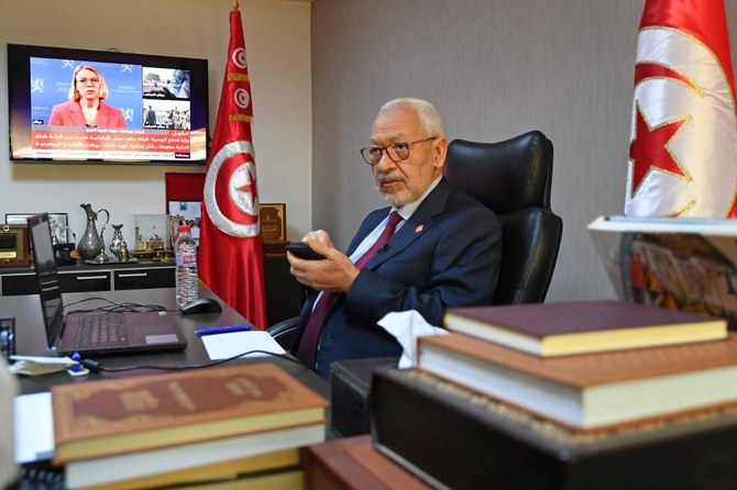Rached Ghannouchi is a fierce critic of President Kais Saied who in July 2021 suspended the Ennahdha-dominated parliament, sacked the prime minister and assumed executive powers. (AFP)
