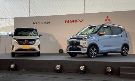 Nissan Motors Co and Mitsubishi Motor Corp unveil their jointly-developed light electric vehicles at a Mitsubishi Motors factory in Kurashiki, Japan, May 20, 2022. (Reuters)