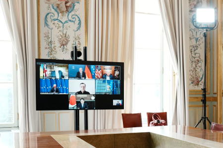 A general view of the video screen of G7 leaders during a video conference on Ukraine at the Elysee Palace, in Paris, France, May 8, 2022. (Reuters)