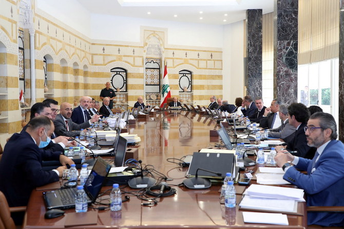 Lebanese President Michel Aoun heads a final cabinet meeting before the government enters a caretaker status at the presidential palace in Baabda. (Handout via Reuters)